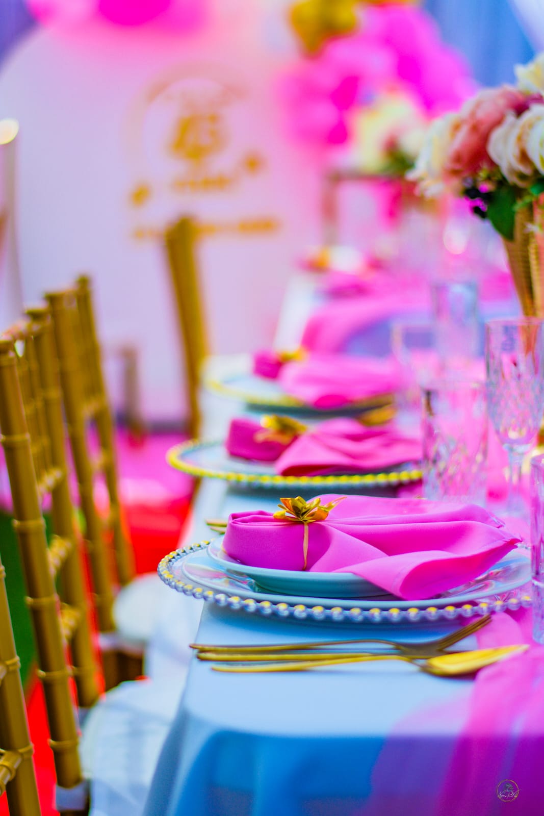 Detailed banquet table setup with gold accents