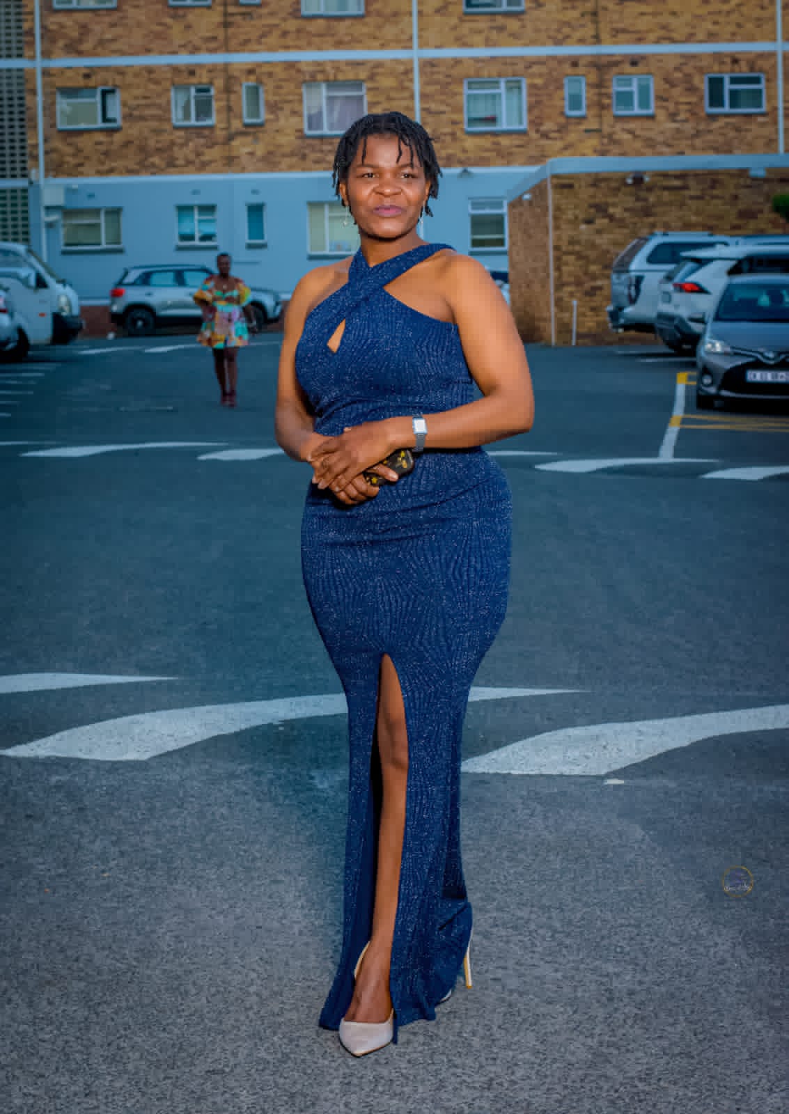 Evening glamour portrait, navy blue gown